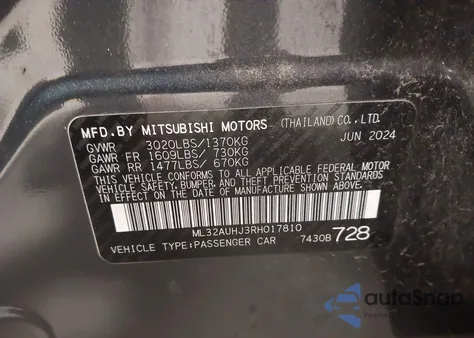 2024 Mitsubishi Mirage Es/Le из США, поврежденный, VIN ML32AUHJ3RH017810